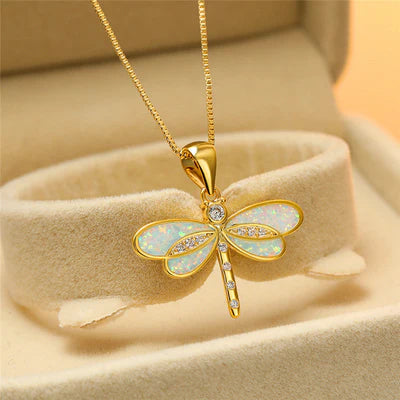 Gold Opal Dragonfly Necklace